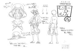 Rule 34 | 1boy, abs, absurdres, character sheet, grin, hat, highres, monkey d. luffy, monochrome, multiple views, muscular, official art, one piece, pectorals, scan, scar, scar on chest, short hair, simple background, smile, straw hat, translation request