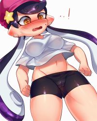 Rule 34 | !, + +, 1girl, beanie, bike shorts, blush, breasts, callie (splatoon), cameltoe, cleft of venus, covered erect nipples, crybleat, dutch angle, ear blush, earrings, embarrassed, fang, female focus, groin, hat, jewelry, large breasts, long hair, looking down, midriff, mole, mole under mouth, navel, nintendo, nose blush, open mouth, pointy ears, purple hair, purple hat, shirt, short sleeves, simple background, skindentation, solo, splatoon (series), standing, swept bangs, tentacle hair, tentacles, twintails, white background, white shirt, yellow eyes