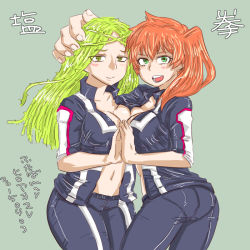 Rule 34 | 10s, 2girls, :d, artist request, blush, boku no hero academia, breast press, breasts, cleavage, crown of thorns, green eyes, green hair, gym uniform, hand on another&#039;s head, holding hands, kendou itsuka, large breasts, long hair, looking at viewer, multiple girls, navel, open clothes, open mouth, orange hair, oversized limbs, pantylines, plant, shiozaki ibara, side ponytail, simple background, smile, symmetrical docking, syrup21g, thorns, track suit, translation request, vines