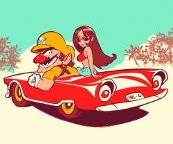 Rule 34 | 1boy, 1girl, :&gt;, absurdres, atomiksaico, bare shoulders, big nose, bikini, bikini top only, black eyes, blue pants, breasts, brown hair, car, cleft chin, convertible, crop top, derivative work, driving, facial hair, glint, gloves, grin, hat, highres, large breasts, license plate, long hair, looking at viewer, mario (series), motor vehicle, mustache, nintendo, outdoors, overalls, pants, purple overalls, red-framed eyewear, red bikini, red car, shirt, short sleeves, sitting on car, smile, sunglasses, swimsuit, t-shirt, thick eyebrows, wario, wario land, wario land 4, white gloves, yellow headwear, yellow shirt