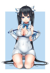 Rule 34 | 10s, 1girl, absurdres, bad id, bad pixiv id, black hair, blue background, blue eyes, breasts, cleavage, crotch, dungeon ni deai wo motomeru no wa machigatteiru darou ka, gloves, hair ribbon, hestia (danmachi), highres, kneeling, large breasts, linnkou, long hair, looking at viewer, outside border, rei no himo, ribbon, smile, solo, thigh gap, thighs, twintails, very long hair, white gloves