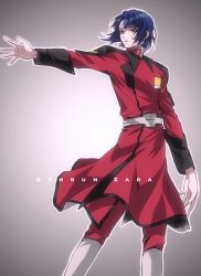 Rule 34 | 1boy, athrun zala, belt, blue hair, boots, character name, grey background, gundam, gundam seed, gundam seed destiny, high collar, highres, jacket, long sleeves, looking to the side, male focus, military, military uniform, outstretched arm, pants, parted bangs, red jacket, red pants, ruy, short hair, solo, uniform, upper body, white footwear