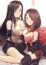 Rule 34 | 2girls, arm behind back, between breasts, bianyuanqishi, black hair, black thighhighs, blush, bra, breasts, brown hair, cape, closed mouth, crop top, final fantasy, final fantasy type-0, final fantasy vii, hand on own chest, highres, kneeling, large breasts, loafers, long hair, looking at viewer, low-tied long hair, medium breasts, medium hair, miniskirt, multiple girls, off shoulder, parted lips, pink bra, plaid, plaid skirt, pleated skirt, shoes, sidelocks, sitting, skirt, suspenders, swept bangs, tank top, thighhighs, tifa lockhart, tokimiya rem, underwear, very long hair