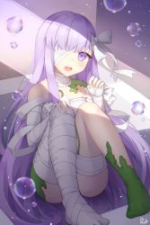 Rule 34 | 1girl, ass, bandage over one eye, bandaged arm, bandaged leg, bandages, bare shoulders, barefoot, blush, bubble, collarbone, commentary request, convenient leg, fate/grand order, fate (series), hair over one eye, hand on own knee, hands up, highres, kingprotea (fate), long hair, looking at viewer, moss, open mouth, pong (vndn124), purple eyes, purple hair, signature, solo, very long hair