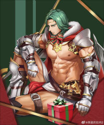 Rule 34 | 1boy, abs, absurdres, anjingkuxiao, bara, bare pectorals, beard, bow, bowtie, box, cape, chest harness, christmas, facial hair, feet out of frame, fire emblem, fire emblem: three houses, fur-trimmed cape, fur trim, gauntlets, gift, gift box, green hair, harness, highres, large pectorals, leather, looking at viewer, male focus, mature male, muscular, muscular male, navel, nintendo, nipples, pectorals, pelvic curtain, santa costume, seteth (fire emblem), short hair, sitting, snowflake print, solo, stomach, thighs