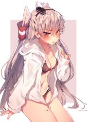 Rule 34 | 1girl, alternate costume, amatsukaze (kancolle), arm support, bikini, black bikini, blush, breasts, brown eyes, cleavage, collarbone, embarrassed, fang, hair between eyes, hair tubes, hand up, highres, hood, hood down, hoodie, kantai collection, legs together, long hair, long sleeves, looking at viewer, open clothes, open hoodie, open mouth, outside border, sidelocks, silver hair, sitting, small breasts, smokestack, smokestack hair ornament, solo, soukou makura, swimsuit, thighs, two side up, very long hair, water drop, wet, zipper
