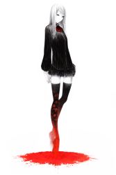 Rule 34 | 1girl, akai kutsu, ascot, ballpoint pen (medium), black dress, black thighhighs, blood, blue eyes, dress, floral print, full body, highres, lace, lace-trimmed legwear, lace trim, long hair, long sleeves, monochrome, original, pool of blood, princess royale, print thighhighs, silver hair, solo, sousou (sousouworks), spot color, the red shoes, thighhighs, traditional media, zettai ryouiki