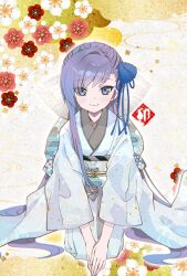 1girl 2023 blue_eyes blue_kimono blue_ribbon blush fate/grand_order fate_(series) flower hair_ribbon highres japanese_clothes kimono long_hair looking_at_viewer meltryllis_(fate) new_year obi own_hands_together purple_hair ribbon sash seiza sitting smile solo very_long_hair yamuimo