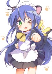 Rule 34 | 1girl, :3, ahoge, animal ears, blue hair, cat ears, cat tail, clenched hand, commentary, green eyes, incoming attack, incoming punch, izumi konata, long hair, lucky star, maid, mole, mole under eye, one eye closed, punching, incoming punch, solo, tail, tatsunokosso, white background