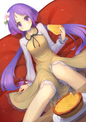 Rule 34 | 1girl, absurdres, breasts, brown dress, couch, dress, dutch angle, eating, eyelashes, flower, food, food on face, fork, hair flower, hair ornament, highres, holding, holding food, long hair, long sleeves, looking at viewer, oruka (kamituki0827), pie, pie slice, plate, purple eyes, red upholstery, short hair, simple background, sitting, smile, solo, split ponytail, table, touhou, tsukumo benben, very long hair, white background
