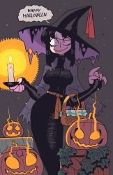 Rule 34 | 1girl, absurdres, black dress, black hat, candle, cape, closed mouth, detached sleeves, dress, grey cape, hands up, happy halloween, hat, highres, holding, holding candle, jack-o&#039;-lantern, looking at viewer, multicolored hair, noss (rariatto), original, rariatto (ganguri), sanpaku, smile, solo, streaked hair, two-tone hair, wavy mouth, witch hat
