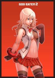 Rule 34 | 10s, 1girl, alisa ilinichina amiella, bare shoulders, blouse, blue eyes, blush, boots, breasts, elbow gloves, female focus, fingerless gloves, gloves, god eater, god eater 2: rage burst, large breasts, long hair, navel, open clothes, open shirt, shirt, simple background, skirt, solo, suspender skirt, suspenders, thigh boots, thighhighs, underboob, white hair