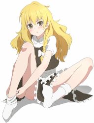 Rule 34 | 1girl, apron, arice-spead-21, bare legs, black dress, blonde hair, blush, braid, brown eyes, commentary request, dress, feet, highres, kirisame marisa, long hair, looking at viewer, no headwear, no shoes, simple background, single braid, sitting, sock pull, socks, solo, spread legs, touhou, waist apron, white background