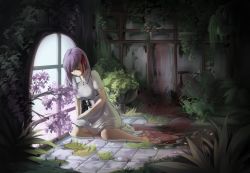 Rule 34 | 1girl, allen riv, barefoot, blood, breasts, closed eyes, closed mouth, dress, fate/stay night, fate (series), hair ribbon, highres, indoors, light, looking down, matou sakura, on ground, plant, puffy sleeves, purple hair, ribbon, sitting, solo, tile floor, tiles, wet floor, white dress, window