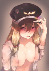 Rule 34 | 1girl, adjusting clothes, adjusting headwear, areola slip, bad id, bad pixiv id, blonde hair, blush, breasts, collarbone, dress shirt, hat, highres, hplay, large breasts, long hair, long sleeves, looking at viewer, naked shirt, no bra, open clothes, open shirt, original, parted lips, peaked cap, red eyes, shirt, sidelocks, solo, upper body, white shirt