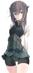 Rule 34 | 10s, 1girl, armor, bike shorts, breastplate, brown eyes, brown hair, collarbone, gluteal fold, green skirt, headgear, highres, kantai collection, long sleeves, looking at viewer, nao (qqqbb), pleated skirt, serious, short hair, simple background, skin tight, skindentation, skirt, solo, taihou (kancolle), thigh gap, white background