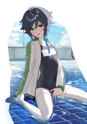 Rule 34 | 1boy, absurdres, alternate costume, black hair, blue eyes, blue hair, blush, braid, commentary, genshin impact, gradient hair, highres, jacket, kkopoli, long sleeves, male focus, multicolored hair, no shoes, open clothes, open jacket, pool, school swimsuit, short hair with long locks, sitting, solo, sweat, swimsuit, thighhighs, tongue, tongue out, track jacket, trap, twin braids, venti (genshin impact), wariza, white thighhighs