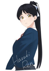 Rule 34 | 1girl, absurdres, black hair, blue jacket, brown eyes, character name, commentary, english commentary, from side, hazuki ren, highres, jacket, long hair, long sleeves, looking at viewer, love live!, love live! superstar!!, neck ribbon, parted lips, ponytail, red ribbon, ribbon, s sho mkrn, school uniform, shirt, solo, upper body, white background, white shirt, winter uniform, yuigaoka school uniform