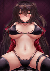Rule 34 | 1girl, absurdres, ahoge, azur lane, bare shoulders, bikini, black bikini, black choker, black hair, black thighhighs, blush, breasts, breasts apart, bridal garter, chain-link fence, checkered floor, choker, cleavage, closed mouth, collarbone, commentary request, cowboy shot, crossed bangs, eyewear on head, fence, hair between eyes, highleg, highleg bikini, highres, jacket, large breasts, long hair, looking at viewer, multi-strapped bikini bottom, multi-strapped bikini top, multiple straps, navel, off shoulder, official alternate costume, one side up, partial commentary, purple background, race queen, red eyes, red jacket, ryara, sidelocks, sitting, skindentation, smile, solo, spread legs, stomach, swimsuit, taihou (azur lane), taihou (enraptured companion) (azur lane), thigh strap, thighhighs, very long hair