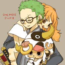 Rule 34 | 1boy, 1girl, :o, aged down, animal print, barefoot, bespectacled, brown eyes, carrying, child, copyright name, cow print, dress, earrings, formal, glasses, green hair, horns, jewelry, long hair, milk, nami (one piece), one-eyed, one piece, one piece film: z, orange hair, plaid, reindeer, roronoa zoro, scar, suit, tony tony chopper, twintails, yukke