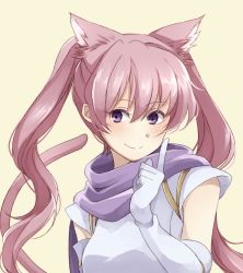 Rule 34 | 1girl, animal ears, cat ears, cat tail, closed mouth, elbow gloves, fire emblem, fire emblem: the blazing blade, gloves, highres, long hair, mememefe, nintendo, pink hair, purple eyes, serra (fire emblem), simple background, smile, solo, tail, twintails, upper body, white gloves