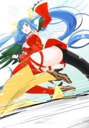 Rule 34 | !?, 1girl, alternate color, blue hair, breasts, cleavage, colorized, detached sleeves, dizzy (guilty gear), from below, guilty gear, guilty gear xrd, hair ribbon, high heels, highres, large breasts, leg ribbon, long hair, orochi (namashiba), panties, red eyes, red panties, red thighhighs, ribbon, solo, tail, thigh ribbon, thighhighs, twintails, underwear, very long hair, wings, yukia (firstaid0)
