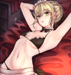 Rule 34 | 1girl, absurdres, apron, artoria pendragon (alter swimsuit rider) (fate), artoria pendragon (alter swimsuit rider) (second ascension) (fate), artoria pendragon (fate), bad id, bad pixiv id, bed, bikini, black bikini, black bow, blonde hair, bow, braid, breasts, commentary request, fate/grand order, fate (series), highres, looking at viewer, lying, maid headdress, navel, on back, short hair, small breasts, solo, sunmil, swimsuit, yellow eyes