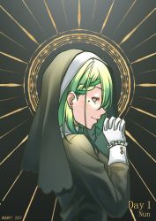 Rule 34 | 1girl, akkanen, black background, braid, braided bangs, ceres fauna, earrings, gloves, green hair, habit, hair ornament, highres, hololive, hololive english, jewelry, long hair, long sleeves, mole, mole under eye, nun, own hands clasped, own hands together, solo, traditional nun, virtual youtuber, yellow eyes