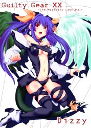 Rule 34 | 1girl, absurdres, arc system works, asymmetrical wings, bad id, bad pixiv id, blue hair, blush, bow, breasts, choker, dizzy (guilty gear), guilty gear, hair bow, highres, long hair, midriff, navel, notice (kou), red eyes, ribbon, solo, tail, tail ornament, tail ribbon, thighhighs, twintails, underboob, wings