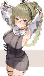 Rule 34 | 1girl, absurdres, arms behind head, arms up, black-framed eyewear, blue eyes, blush, breasts, choco tanuki, closed mouth, glasses, green hair, grey sweater, hair ornament, hanabusa lisa, highres, large breasts, looking at viewer, ribbed sweater, sideboob, solo, sweater, virtual youtuber, vspo!, x hair ornament