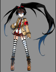 Rule 34 | 10s, 1girl, armband, black hair, black rock shooter, black rock shooter (character), black rock shooter (stella), blue eyes, boots, bow, female focus, full body, garter straps, hair bow, huke, long hair, miniskirt, necktie, school uniform, simple background, skirt, sleeves past wrists, solo, striped clothes, striped thighhighs, thighhighs, twintails, very long hair