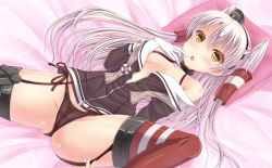 Rule 34 | 10s, 1girl, amatsukaze (kancolle), black panties, blush, breasts, cameltoe, chestnut mouth, choker, fang, garter straps, hair tubes, hand to own mouth, highres, jpeg artifacts, kantai collection, long hair, looking at viewer, lying, off shoulder, on back, panties, pillow, see-through, side-tie panties, silver hair, small breasts, solo, spread legs, striped clothes, striped thighhighs, thighhighs, tsukumokazuki, two side up, underwear, very long hair, yellow eyes