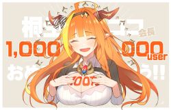 Rule 34 | !, 1girl, ahoge, black hairband, black jacket, blonde hair, blunt bangs, body writing, bow, braid, breasts, brooch, celebration, cleavage cutout, closed eyes, clothing cutout, collared shirt, commentary, commentary request, cropped torso, diagonal-striped bow, dragon girl, dragon horns, fangs, gem, grey background, hairband, hands on own breasts, happy, happy tears, hololive, horn bow, horn ornament, horns, jacket, jewelry, kiryu coco, kiryu coco (1st costume), large breasts, light blush, long hair, multicolored hair, open mouth, orange hair, pointy ears, shirt, single braid, skin fangs, smile, solo, streaked hair, striped, striped bow, symbol-only commentary, tears, text background, translation request, upper body, virtual youtuber, waka (wkmtr), white shirt