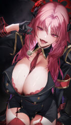 Rule 34 | 1girl, absurdres, between breasts, black dress, black gloves, blue archive, bra, breasts, cleavage, coin, dress, eichi (yashokuya), fangs, garter straps, gloves, halo, highres, holding pendulum, holed coin, horns, large breasts, long hair, looking at viewer, mole, mole on breast, necktie, necktie between breasts, pink eyes, pink hair, red bra, red thighhighs, satsuki (blue archive), solo, thighhighs, underwear, very long hair