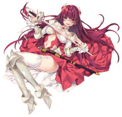 Rule 34 | 1girl, alicia crystella, armor, ass, breasts, cleavage, dress, garter straps, glasses, highres, isekai maou to shoukan shoujo no dorei majutsu, knees together feet apart, knight, legs, legs together, long hair, looking at viewer, red dress, red eyes, red hair, smile, sword, weapon