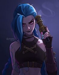 Rule 34 | 1girl, absurdres, arcane: league of legends, arm tattoo, bare shoulders, braid, brown gloves, brown shirt, closed mouth, cloud tattoo, crop top, fingerless gloves, gloves, gradient background, green hair, gun, hand up, highres, holding, holding gun, holding weapon, jinx (league of legends), league of legends, long hair, pink eyes, plugby, shirt, smile, solo, tattoo, twin braids, twintails, weapon