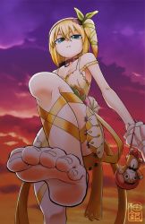 Rule 34 | 10s, 1girl, ankle ribbon, aqua eyes, barefoot, black neckwear, blonde hair, choker, dress, edna (tales), feet, flat chest, foot focus, from below, frown, hair ribbon, hairband, highres, leg ribbon, leg up, legs, long hair, looking down, ribbon, short hair, side ponytail, soles, solo, standing, standing on one leg, tales of (series), tales of zestiria, toes, twilight, yuzu gin (pika97)