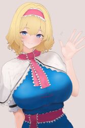 absurdres alice_margatroid ascot blonde_hair blue_dress blue_eyes breasts capelet doll dress hair_between_eyes hairband highres large_breasts lolita_hairband moriforest1040 red_ascot red_hairband short_hair smile touhou waving_arm white_capelet