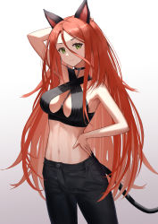 Rule 34 | 1girl, absurdres, animal ears, arm behind head, bare arms, bare shoulders, between breasts, black pants, breasts, cat ears, cat girl, cat tail, cleavage, closed mouth, commission, cowboy shot, crop top, gradient background, green eyes, grey background, hair between eyes, hand on own hip, highres, large breasts, long hair, looking at viewer, mimihachi, navel, original, pants, pixiv commission, red hair, smile, solo, stomach, tail, toned, very long hair, white background