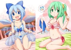 Rule 34 | 2girls, babydoll, bra, breasts, cirno, daiyousei, dress, highres, md5 mismatch, multiple girls, on bed, panties, pink bra, pink dress, resolution mismatch, ruo (cruzada), source smaller, striped clothes, striped panties, touhou, underwear