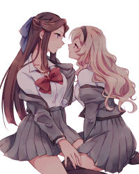 Rule 34 | 2girls, annoyed, between legs, black hairband, black legwear, blonde hair, blue bow, blue eyes, bow, bowtie, breasts, brown hair, closed mouth, clothes grab, collarbone, collared shirt, dress shirt, eye contact, face-to-face, fingernails, grey jacket, grey skirt, hair bow, hair ornament, hairband, half updo, hand between legs, hand on another&#039;s thigh, hand up, high-waist skirt, jacket, jacket grab, light smile, long hair, long sleeves, looking at another, loose bowtie, medium breasts, miniskirt, multiple girls, off shoulder, open clothes, open jacket, parted bangs, parted lips, pleated skirt, profile, red bow, red eyes, red neckwear, saijou claudine, school uniform, seishou music academy uniform, shirt, shirt tucked in, shoujo kageki revue starlight, sidelocks, simple background, sitting, skirt, tendou maya, thighhighs, v-shaped eyebrows, very long hair, wariza, wato (ko), wavy hair, white background, white shirt, x hair ornament, yuri, zettai ryouiki