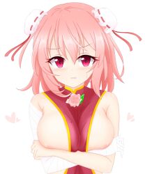 Rule 34 | 1girl, areola slip, bandaged arm, bandages, blush, breasts, bun cover, commentary request, covering privates, covering breasts, double bun, flower, hair between eyes, hair bun, heart, highres, ibaraki kasen, large breasts, long bangs, looking at viewer, medium hair, naked tabard, open mouth, pink flower, pink hair, pink rose, red eyes, red tabard, rose, shunki, simple background, solo, sweatdrop, tabard, touhou, upper body, white background