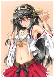 Rule 34 | 10s, 1girl, armpits, bare shoulders, black hair, blush, breasts, cleavage, detached sleeves, frilled skirt, frills, hairband, haruna (kancolle), japanese clothes, kantai collection, long hair, looking at viewer, navel, open clothes, red eyes, ribbon-trimmed sleeves, ribbon trim, roura, sarashi, skirt, solo, stomach