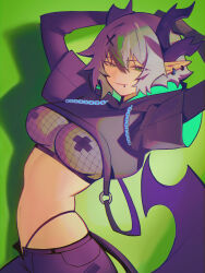 Rule 34 | 1girl, apricot the lich, apricot the lich (8th costume), arms behind head, arms up, commentary, cropped hoodie, cropped shirt, cross pasties, demon girl, demon horns, demon tail, distr, ear piercing, fishnet top, fishnets, green background, green eyes, green hair, grey hair, hair between eyes, hair ornament, highleg, highleg panties, highres, hood, hoodie, horns, looking at viewer, multicolored hair, navel, official alternate costume, panties, pants, pasties, piercing, pointy ears, purple hoodie, purple pants, short hair, short sleeves, solo, standing, stomach, tail, two-tone hair, underwear, virtual youtuber, vshojo, x hair ornament