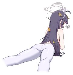 Rule 34 | 1girl, ahoge, artpatient, ass, black hair, blue archive, cropped legs, feet out of frame, grey halo, halo, highres, kneepits, leaf, leaf on head, long hair, miyu (blue archive), pantyhose, simple background, solo, spoken expression, white background, white pantyhose