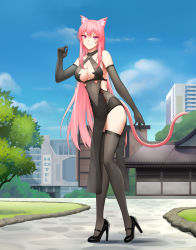 Rule 34 | 1girl, absurdres, animal ears, architecture, black dress, black gloves, black thighhighs, breasts, building, cat ears, cat tail, cleavage, criss-cross halter, dress, east asian architecture, elbow gloves, gloves, halterneck, high heels, highres, large breasts, long hair, looking at viewer, no bra, original, outdoors, pink hair, purple eyes, see-through, solo, sonikey0 0, standing, tail, thighhighs, tree