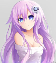 Rule 34 | 10s, 1girl, alternate costume, artist name, bad id, bad pixiv id, bare shoulders, blue eyes, blush, breasts, cleavage, female focus, hair ornament, keenh, long hair, looking at viewer, nepgear, neptune (series), purple hair, purple sister, smile, solo, symbol-shaped pupils, upper body, very long hair