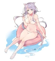 Rule 34 | 1girl, bad id, bad twitter id, blue eyes, braid, breasts, cleavage, full body, hair flaps, innertube, kantai collection, long hair, medium breasts, mole, mole under eye, parted bangs, red innertube, riding, shakemi (sake mgmgmg), silver hair, simple background, sitting, solo, swim ring, umikaze (kancolle), umikaze kai ni (kancolle), very long hair, waving, white background