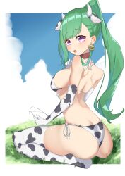 Rule 34 | 1girl, absurdres, animal ears, animal print, ass, asymmetrical hair, back, bikini, blue sky, bottle, breasts, cloud, collar, cow ears, cow horns, cow print, cow print bikini, cow print gloves, cow print thighhighs, day, ear tag, elbow gloves, from behind, gloves, grass, hair behind ear, high ponytail, highres, holding, holding bottle, horns, implied breast milk, large breasts, long hair, looking back, milk bottle, nonoro (potato461), open mouth, outdoors, ponytail, print bikini, print gloves, print thighhighs, purple eyes, red collar, seiza, sitting, sky, string bikini, swimsuit, thighhighs, thighs, very long hair, virtual youtuber, vspo!, yakumo beni