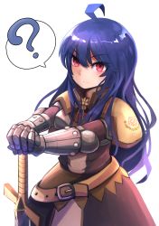 Rule 34 | 1girl, ?, ahoge, belt, blue hair, blush, brown belt, brown capelet, brown dress, capelet, chest guard, closed mouth, commentary request, cowboy shot, dress, egnigem cenia, expressionless, floral print, gauntlets, hair between eyes, hands on hilt, highres, holding, holding sword, holding weapon, long hair, looking at viewer, ragnarok online, red eyes, rose print, simple background, solo, spoken question mark, sword, swordsman (ragnarok online), weapon, white background, yottur